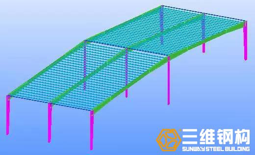 繼續安裝下一榀剛架的鋼柱、連梁、屋架、檁條。